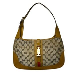 Gucci Jackie GG Monogram Canvas Hobo Bag Web Stripe Tan Leather Trim Vintage Y2K